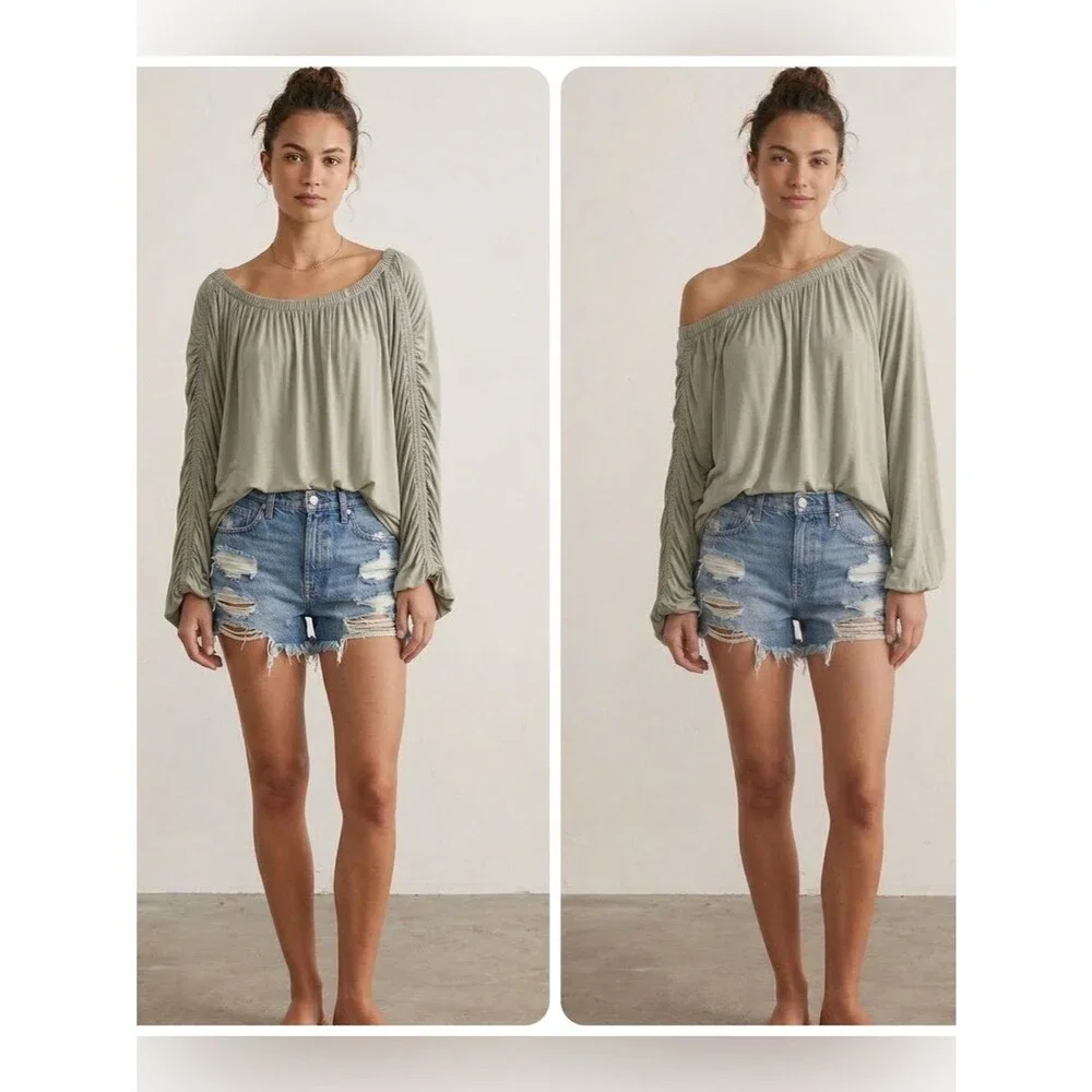 Free People Serenade Tee Sage Green Ruched Sleeve Convertible Top Small